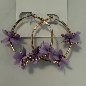 Lavender Floral Hoop Earrings with Gold Accents